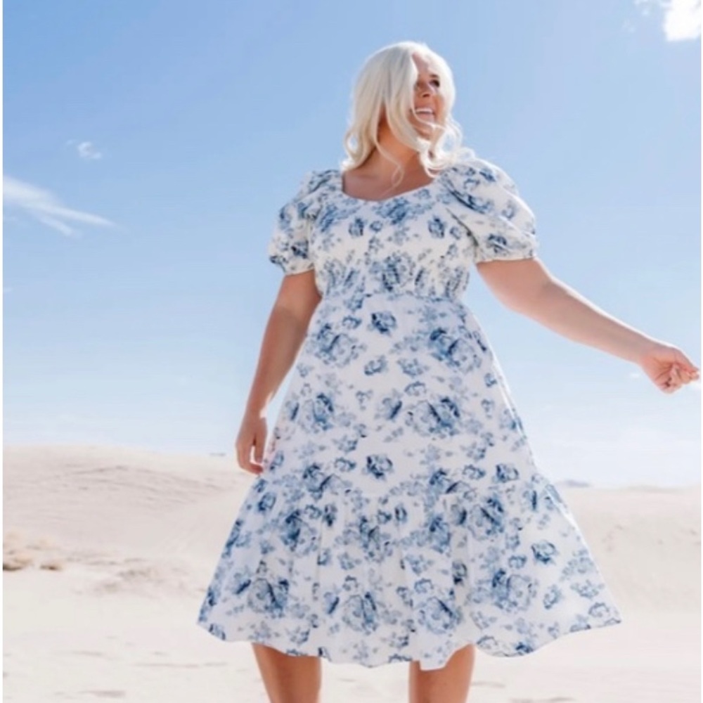 Rachel Parcell Puff Sleeve Midi Dress In Blue Floral, Size XL